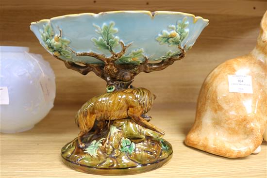 A George Jones majolica comport, the pedestal modelled as a tree trunk with a fox chasing a rabbit,